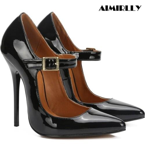 Womens Pointed Toe High Heels Pumps Buckle Strap Elegant Ladies Shoes For Wedding Party Outfit Patent Leather Black Red