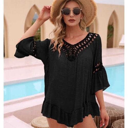 Summer Chiffon Hollow Knit Sexy Open Back Ruffled Loose Large Size Beach Skirt Blouse Women Mini Dress Plus -40