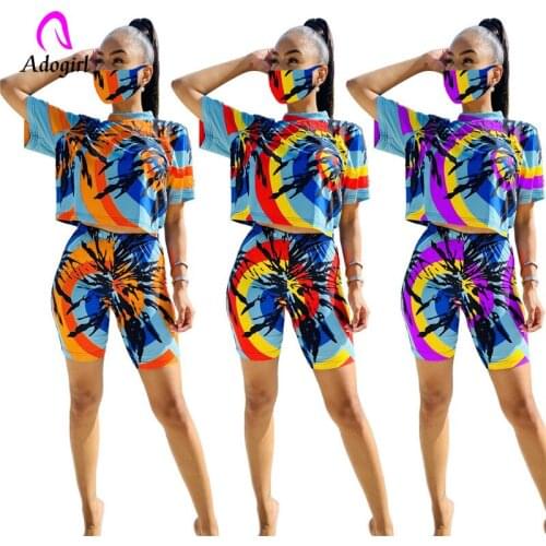 Stripe Rainbow Print Women Summer 2 Piece Set with Mask Short Sleeve Loose Casual T Shirt Biker Shorts Home Sportswear Tracksuit