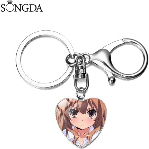 Anime Tiger X Dragon Keychain Figure Kushieda Taiga Heart Lobster Clasp Photo Glass Cabochon Keychain For Women Jewelry