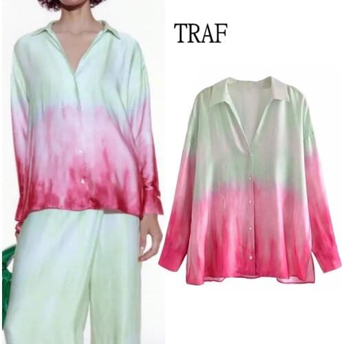 TRAF Blouses Women Fashion Tie Dye Button Up Shirt Female Summer Za 2021 Long Sleeve Top Y2k Casual Chic Top Loose Woman Blouse