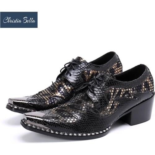 Christia Bella Genuine Leather Men Brogue Shoes Patchwork Mid Heel Oxford Shoes Male Birthday Celebration Lace Up Dress Shoes