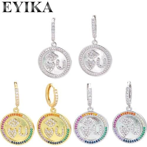 EYIKA Trendy Gold Silver Color Round Eye Heart Big Pendant Hoop Earring for Women Multicolor Zircon Statement Crystal Jewelry