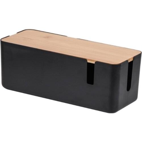 Cable Management Storage Box with Wooden Style Lid Power Socket Strip Cord Organizer Case Bin Charger Wires Hider for Home Desk