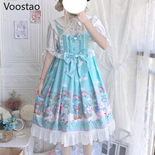 Japanese Sweet Lolita Jsk Dress Women Vintage Cute Dream Amusement Park Sleeveless Straps Dress Girls Kawaii Bow Party Dresses