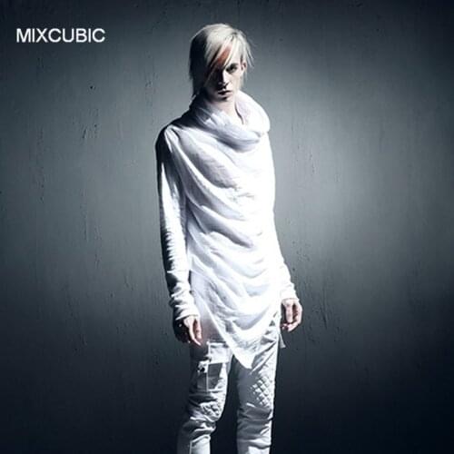 MIXCUBIC spring summer punk style Night costumes Slub hooded T shirts men Long section casual slim hooded T-shirts for men,M-XL