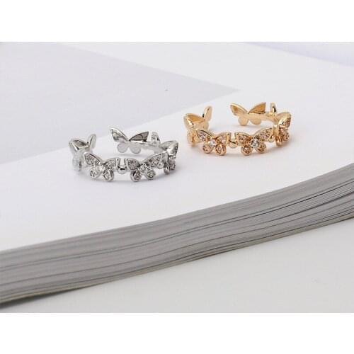 Minar INS Fashion Sparkly Rhinestone Butterfly Charm Rings for Women Gold Color Metal Simulation Wing Adjustable Open Ring 2021