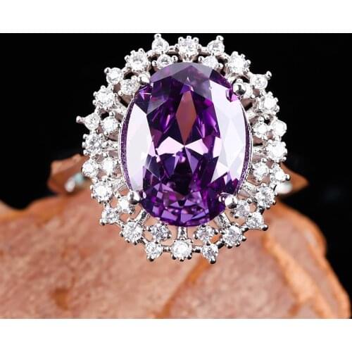 Fashion Large Purple Stone Rings for Women Engagement Wedding Flower Ring Silver Color Ring Princess Jewelry Gift Anillos Mujer