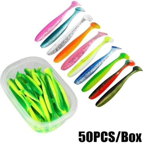 50Pcs/Box Fishing Soft Lure 5.5cm 7cm 9cm Wobbler Worm Bait T Tail Aritificial Swimbait Bass Pike Fishing Tackle Pesca