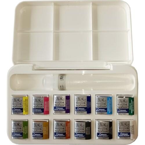 Winsor&Newton cotman solid WaterColor pigment set 12 half pans and a brush pen art supplies