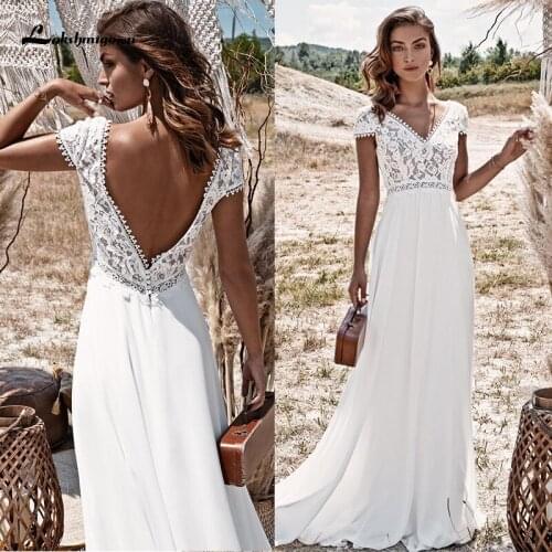 Cheap Lace Bohemian Wedding Dresses 2021 V-Neck Brush Train Backless Chiffon Floor Length A-Line Simple Beach Bridal Gowns