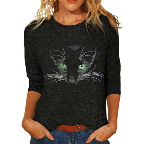 Casual Women Autumn Long Sleeve Round Neck Cats Butterfly Print Blouse T-shirt