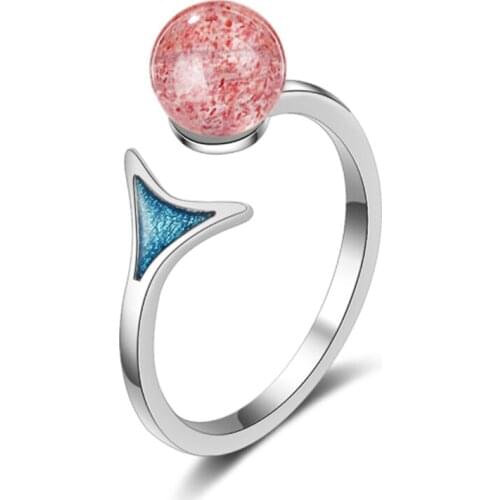 Fresh and creative personality Natural pink strawberry crystal fishtail opening adjustable silver plated rings SA020