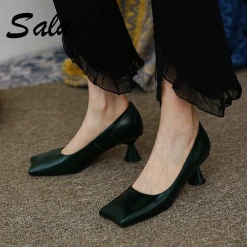 Salu Fashion Genuine Leather Womens Shoes Square Heel Pumps High Heels Shoes Woman Wedding Party Lady Women Pumps Green Red