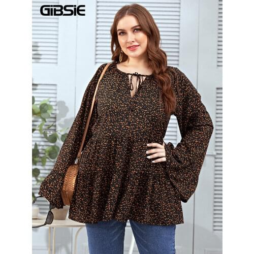 GIBSIE Big Size Tie Neck Allover Print Smock Top Blouse Plus Size 4xl xxxl Women Autumn Long Sleeve Casual Loose Boho Clothing