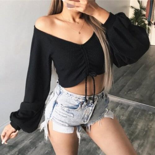 T-shirt Women V-neck Salsh Neck Long Lantern Sleeve Crop Tops Autumn Elegant Sexy Shirring Solid Streetwear Slim Womens T-shirts