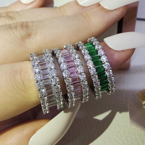 2021 Luxury Pink Green 925 Sterling Silver Baguette Cut Eternity Band Ring for Women Wedding Valentines Day Gift Jewelry R4575