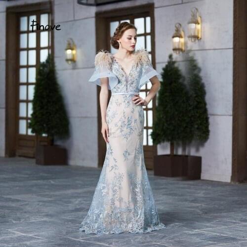 Finove 2020 New Evening Dresses Light Blue Elegant V Neck With Appliques Feathers Party Mermaid Dresses For Women Plus Size