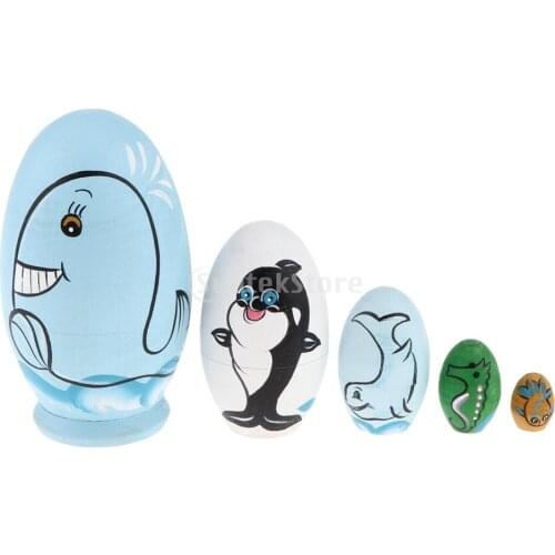 5pcs Wooden Russian Doll Stacking Cartoon Whale Toys Handpainted for Kid