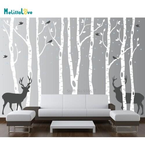 9 Birch Trees Forest Decal Snow Birds and Deer Living Room Decor Branches Nursery Sticker Removable Vinyl Wall Stickers BB050