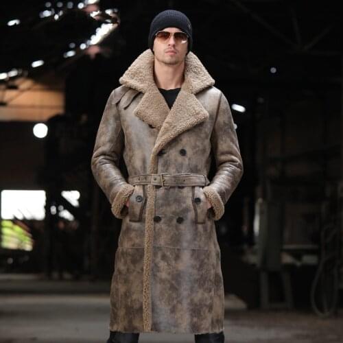 X-long Sheep Fur One Mens Leather Coat Men Genuine Fur Leather Windbreaker Coat Fur Jackets and Coats Winter Shearling Jacket