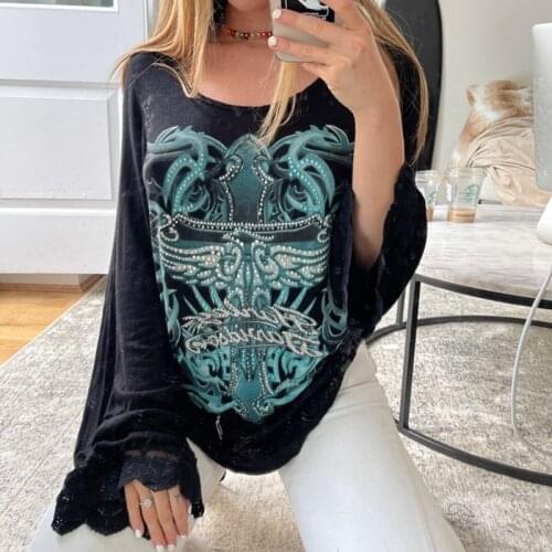 Diamonds Vitnage Graphic T-shirt Women Lace Trim Flare Sleeve Autumn Tees Y2K Fiairy Grunge Black Tops Harajuku Female Clothes