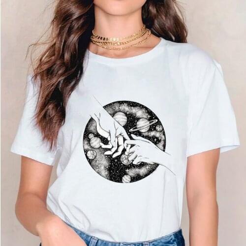 Summer T Shirts for Women Hand Space Printing Cute Short Sleeve 90s Womens Graphic Top Ladies Print Female Tee White T-Shirt