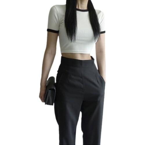 Crop Top T-Shirt Female Solid Cotton O-Neck Short Sleeve T-shirts for Women High Waist Slim Short Sport Blanc Femme T-Shirt