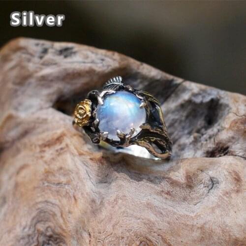 Hot selling new European and American rose gold colored leaves natural moonstone Thai silver ring