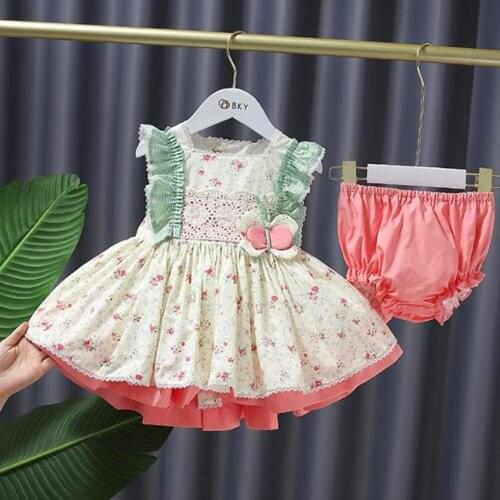Baby girl summer floral lolita dress kids sleeveless Spanish bow printed ball gown dress