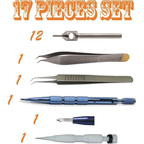 Hair transplant instrument set 17 pieces fue punch CHOI implanter Sapphire blade extraction forceps implanting forceps