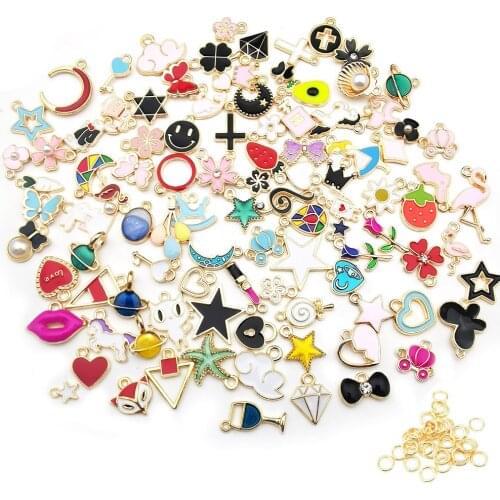 Mix 100PCS Assorted Gold Plated Enamel Animal Plant Fruit Moon Star Charms Pendants for DIY Necklace Bracelet Earrings Making
