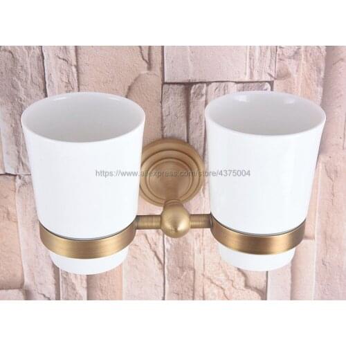 Wall Mounted Antique Brass Double Cup Holder Toothbrush Holder with Two Ceramic Cups Rack Tumbler Holder Nba736