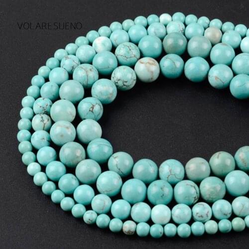 Natural Smooth Blue Turquoises Stone Round Loose Beads 4-12mm Charm Necklace Accessory Spacer Loose Beads For Jewelry Making 15"
