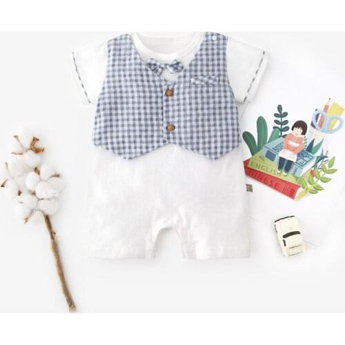 Gentle Baby Boys Clothes Infant Romper 2020 Summer Bow Tie Decor Plaid Baby Costume Party Clothing Newborn Boys Rompers