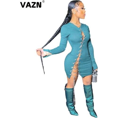 VAZN New 2021 Age reduction Bandage Bodycon O-neck Evening Gown Women Elegant Fashion Dress Club Birthday Shinny Mini Dress