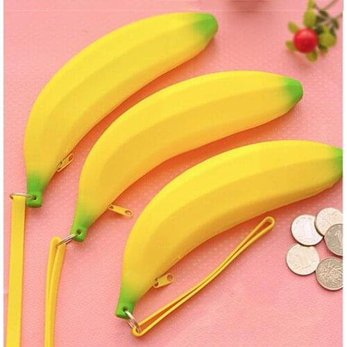 Novelty Yellow Banana Silicone Pen Eraser Pencil Case Stationery Storage Bag Dual Coin Purse Key Wallet Promotional Gift