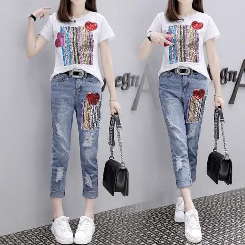 New Fashion Two Piece Set Women Summer Short Sleeve Sequins Tshirts + Women Ripped Jeans 2 Piece Set Casual Long Pants 2PCS