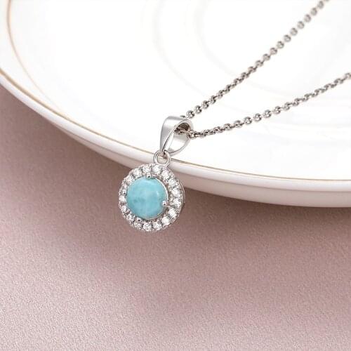 Concise Classic Charm 925 Sterling Silver Zircon Jewelry Gifts Retro Flower Natural Precious Larimar Pendant Necklace for Woman
