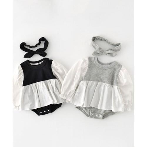2021 Autumn New Baby Bodysuits Long Sleeve Infant Girls One Piece Patchwork Toddler Baby Jumpsuit With Headband Newborn Clothes