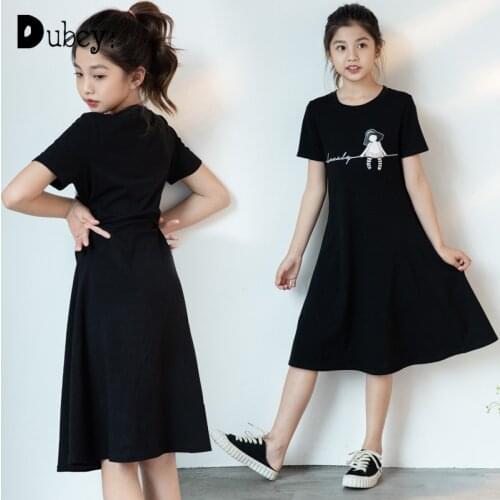 French Hepburn Style Black Dress Big Girls Clothes Teenager Girls Plus Size Summer Dress Teenage Girls Clothing Mid-Calf Dress