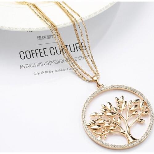 Big Crystal Tree of Life Pendant Necklace Multilayer Long Chains Round Circle Gold Tree Pendant Collier Drop Women Jewelry Gift