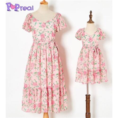 PopReal Summer Parent-Child Outfit Girl Family Dress Mom And Daughter Skirt Print Pleated Mother Kids Chiffon Dress Short Sleeve