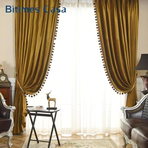 Luxury Pompon Velvet Blackout Windows Curtain For Living Room Bedroom Interior Decoration High Shading Pannel Thermal Insulation