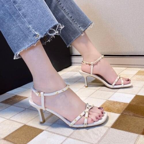 High Quality Womens Sandals Summer New Style Open-toe One-word Buckle Thin Shoes Sexy Rivet Roman Womens SandalsWomens Shoes