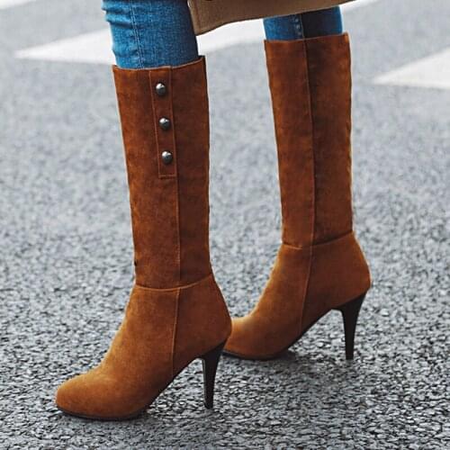 Sgesvier Woman Knee High Boots Round toe Stiletto Heels Platform Shoes Autumn Winter Woman Thigh High Boots Botas Muje black