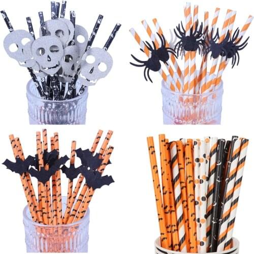 25pcs Halloween Paper Straws Pumpkin Ghost Bat stripe Pattern Drinking Straw Happy Halloween Party Decoration For Home Supplies