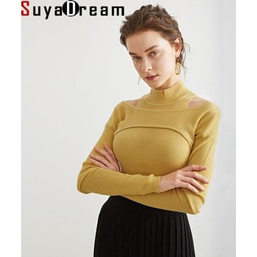 SuyaDream 2021 Winter Wool Blend Off Shoulders Fashion Pullovers 2021 Fall Winter Slim Sweaters for Woman