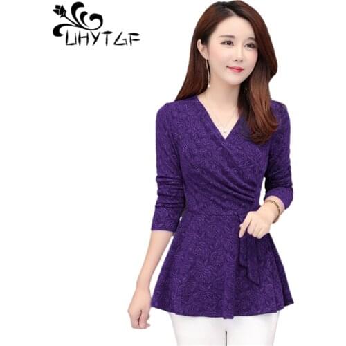UHYTGF Elegant Mother Spring T-Shirt Fashion Lace Casual Bottoming Shirt Long Sleeve Pullover Slim 5XL Plus Size Tops Women 1358