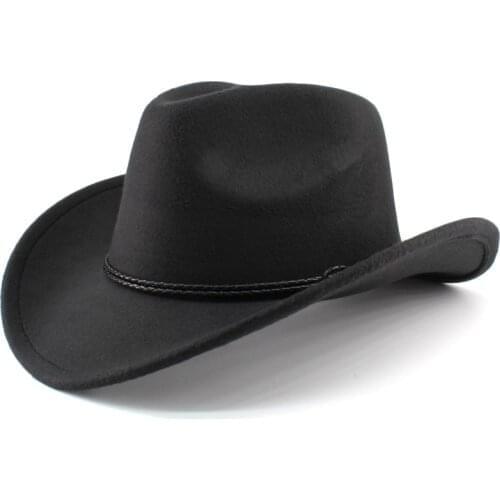 Unisex Western Cowboy Woolen Hat Wide Brim Fedora Jazz Cap with Strap Beach Sun Hat Couple Big Brim Hat Bowler Hats